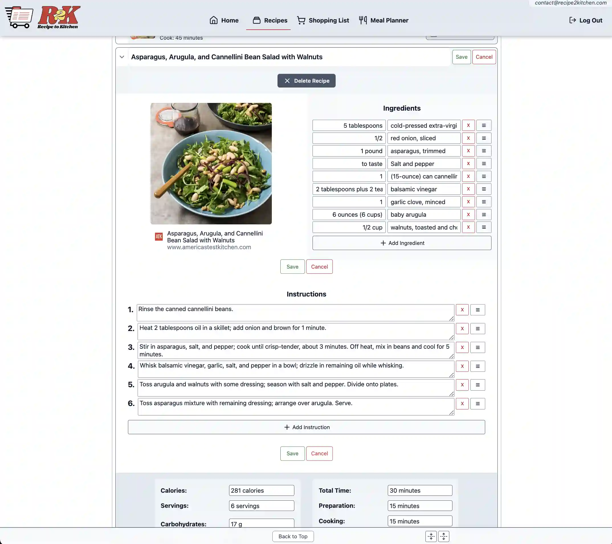 Recipe Card edit view