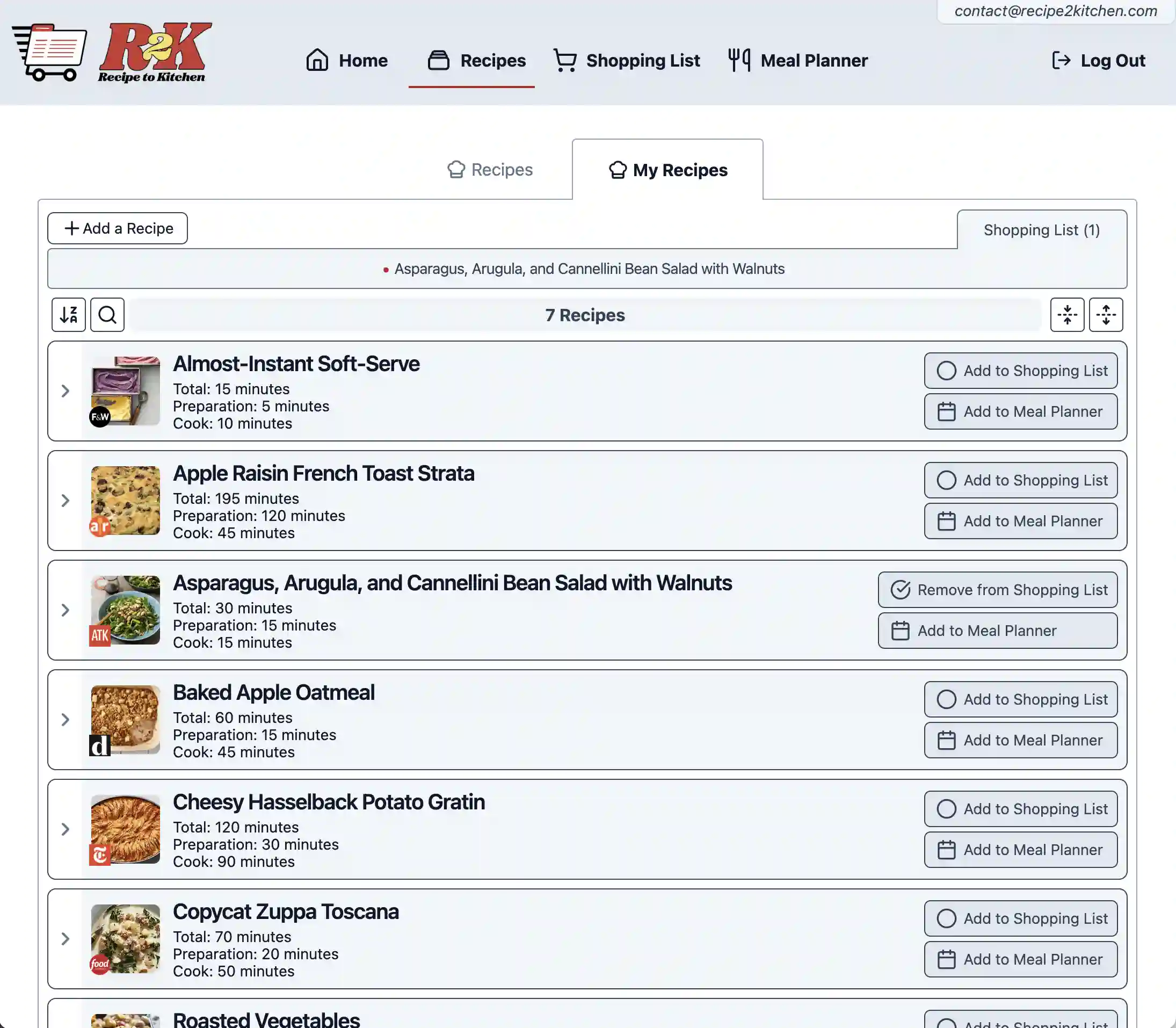 Recipe List view